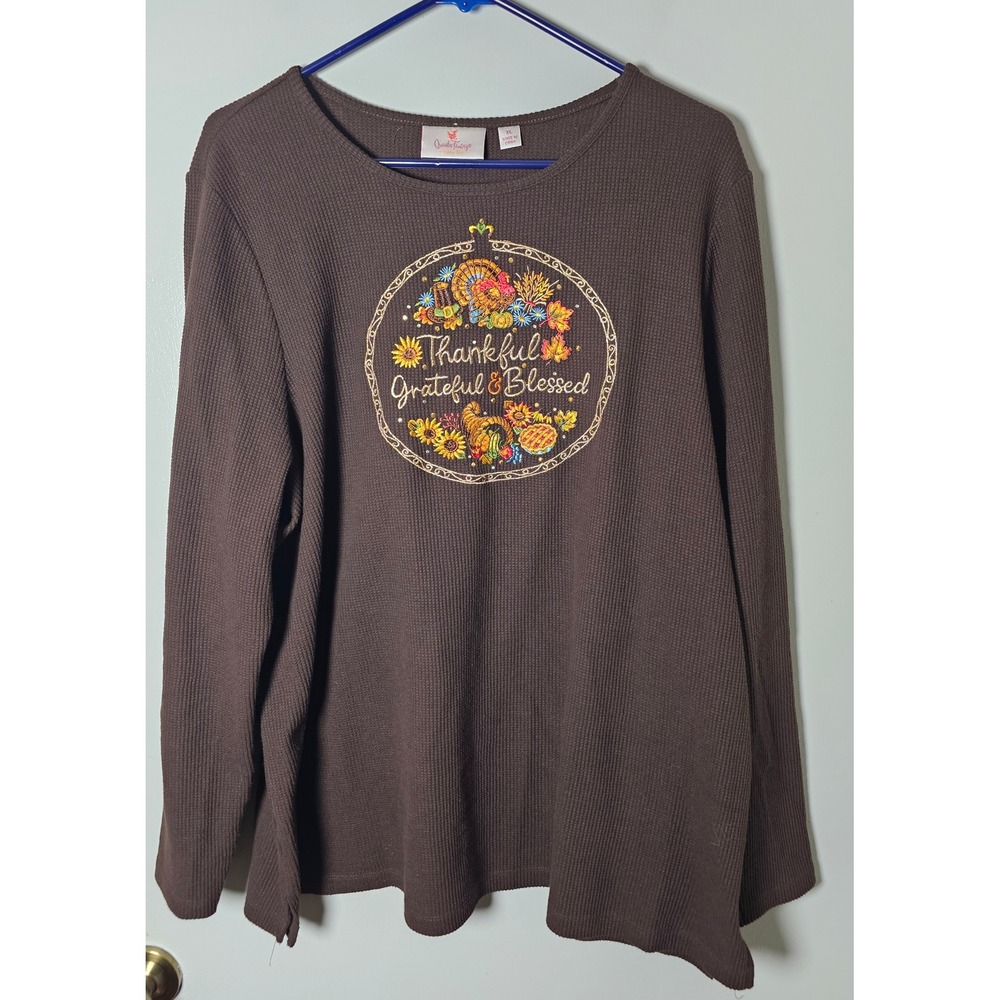 Quacker Factory Brown Waffle Knit Thanksgiving Top Thankful Grateful Blessed XL